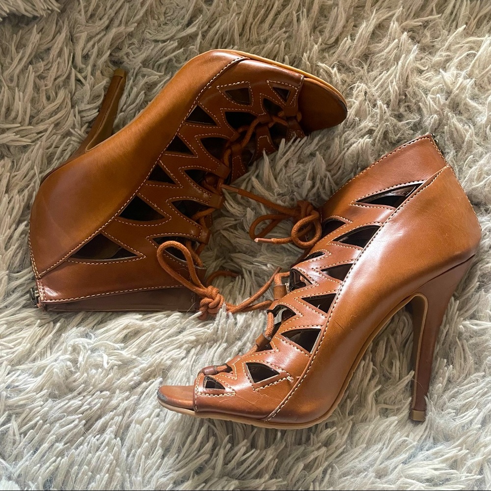 Brown Lace Up Stiletto Heels